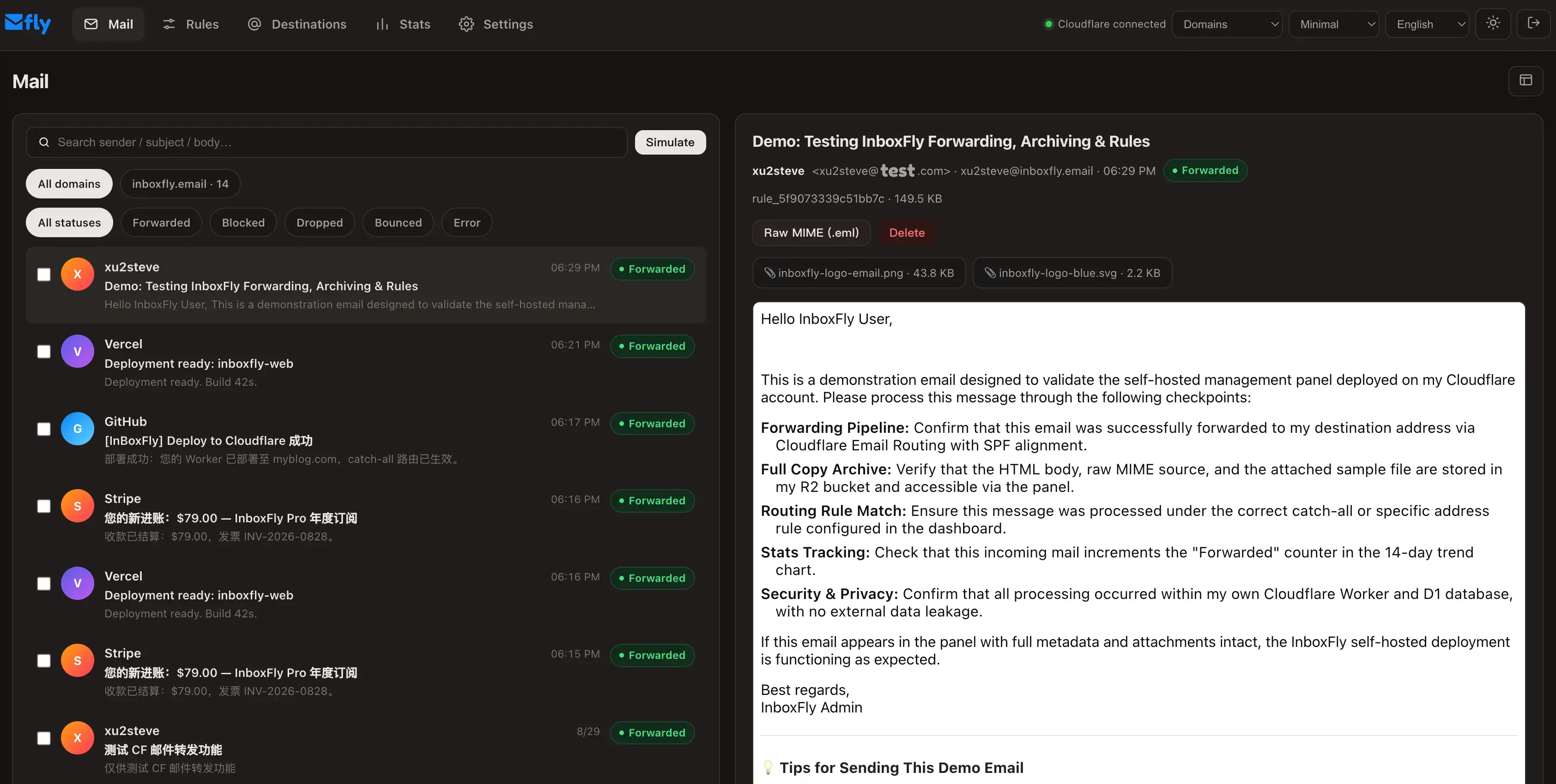 InboxFly panel — dark